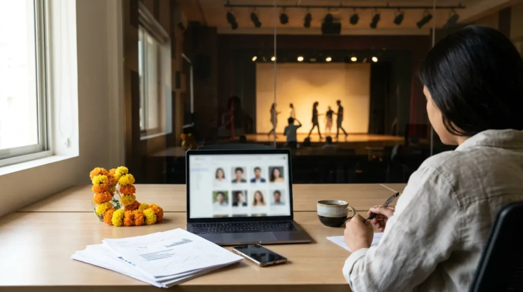 Event planner comparing artist profiles on a laptop for a corporate event in Mumbai