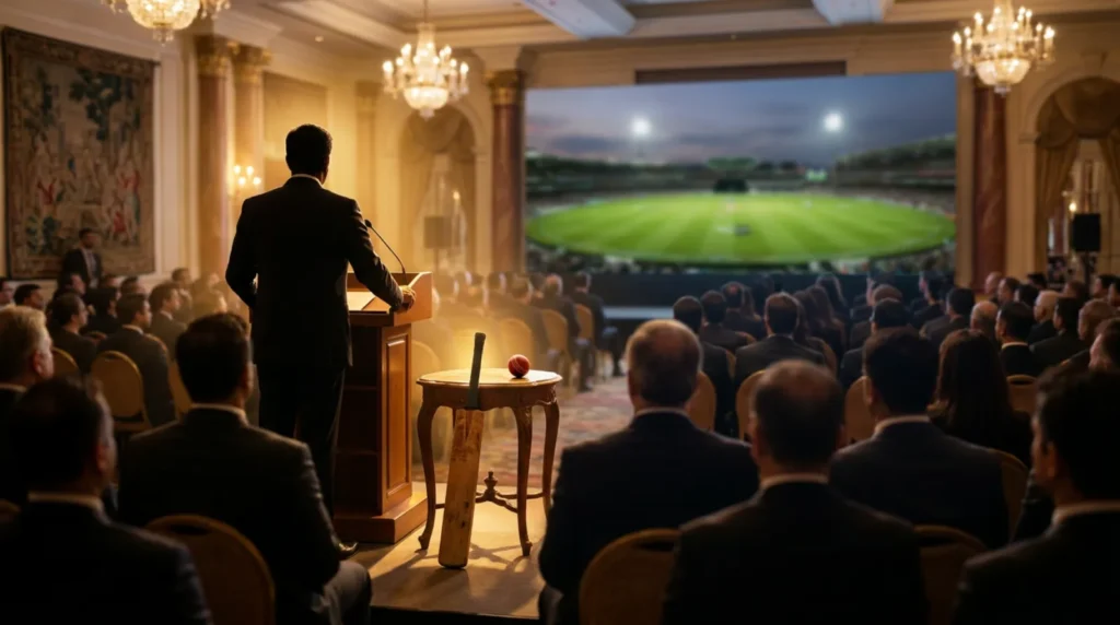 Former cricketer speaking at a corporate leadership summit in an Indian hotel ballroom