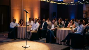 Stand-up comedy microphone on stage at a corporate office party in India