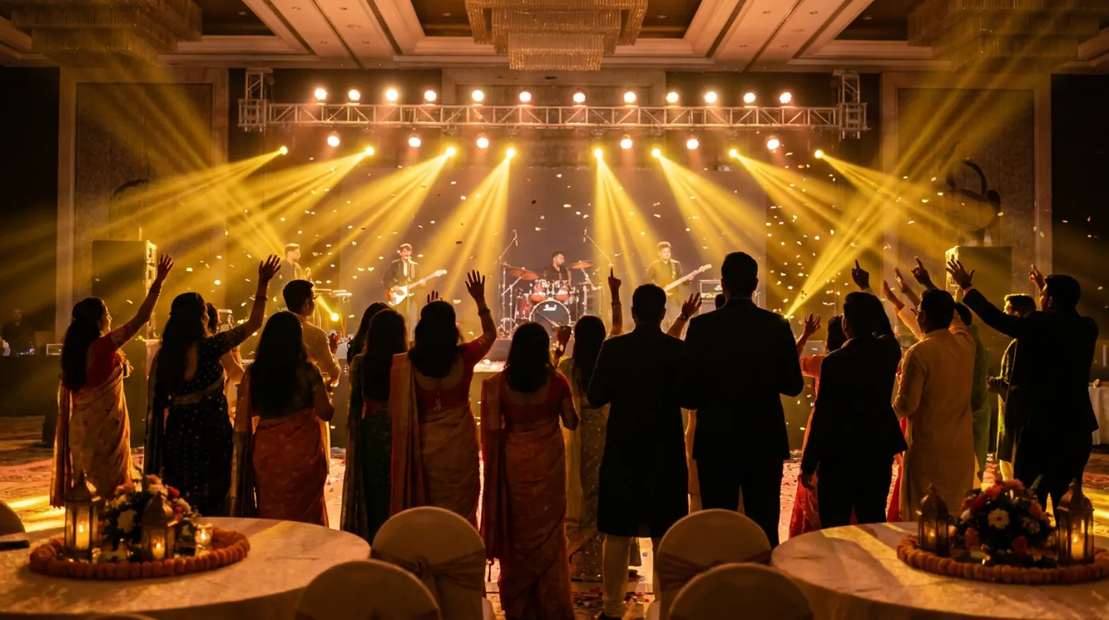 Employees cheering a live band at a corporate annual day celebration in an Indian hotel ballroom