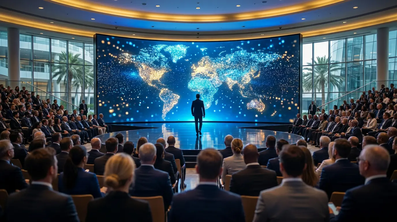 Keynote speaker walking on stage in front of a glowing world map at an international conference in India