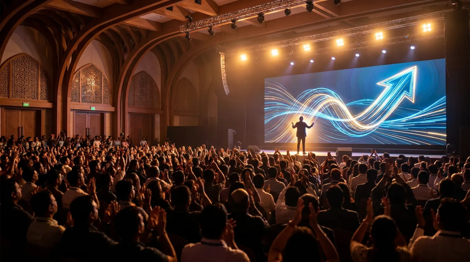 A motivational speaker on stage at a sales kickoff conference in India with the audience applauding