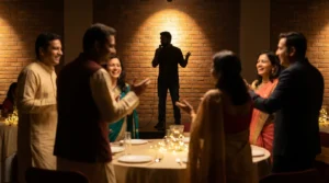 Colleagues laughing at a stand-up comedy set during a corporate party in India
