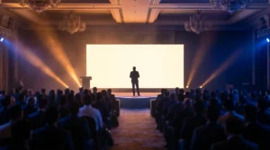 Keynote speaker on stage at a corporate leadership summit in a Mumbai hotel ballroom