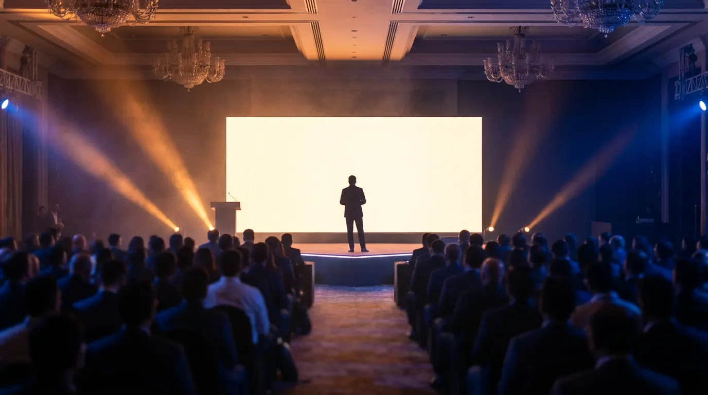 Keynote speaker on stage at a corporate leadership summit in a Mumbai hotel ballroom